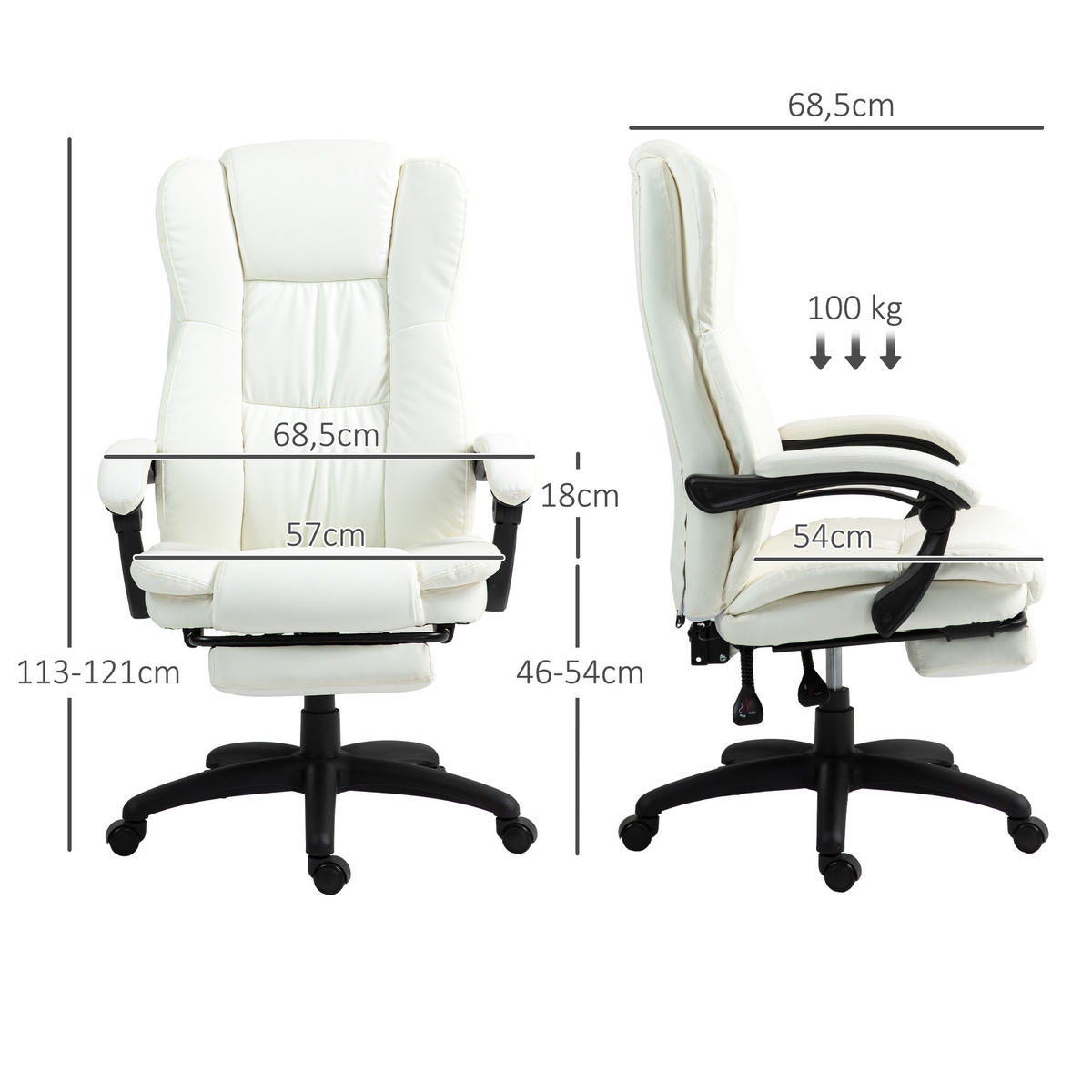 VERSTELLBARER Drehstuhl mit Fußstütze, Kopfstütze, Massagefunktion, Cremeweiß - Creme/Schwarz, Kunststoff (68.5/121/68.5cm) - Vinsetto