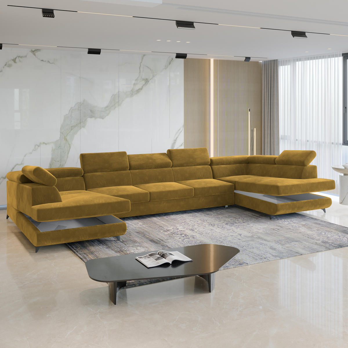 WOHNLANDSCHAFT URMANO Gelb Velours-Stoff mit Schlaffunktion - Gelb, Holz (395/89/190cm) - MASSENO