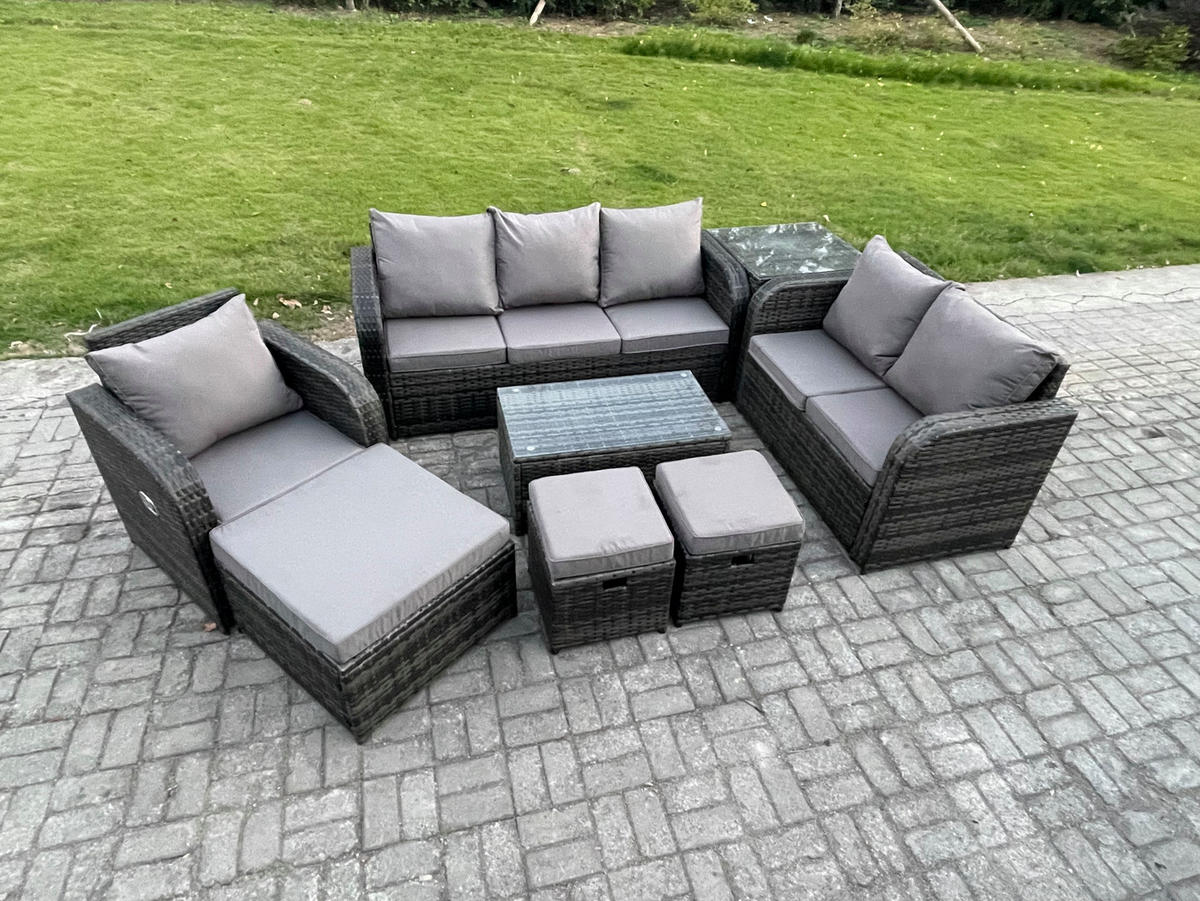 GARTENSET Polyrattan Dunkelgrau 6-Sitzer - Dunkelgrau/Grau, Glas/Kunststoff - Fimous