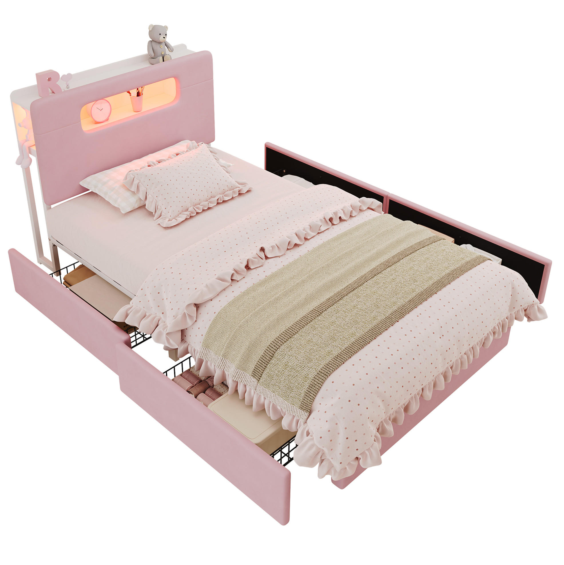 KINDER-POLSTERBETT aus Samt 90x200 cm Rosa mit 4 Schubladen und App-gesteuerter LED-Beleuchtung - Pink, Textil (90/200cm) - Modfu