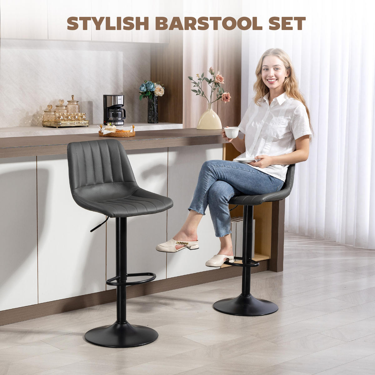 BARHOCKER 2er-Set 91-111 cm Höhenverstellbarer mit Fußring - Dunkelgrau/Schwarz, Kunststoff/Textil (49.5/111/43cm) - HOMCOM