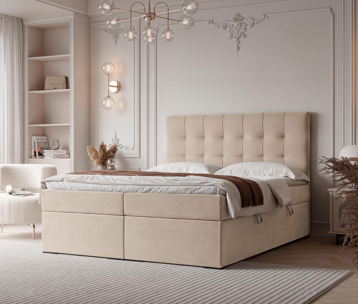 BOXBETT IMPERIAL 160/200 cm, in Hellbeige, mit Matratze und Topper - Sandfarben, Holzwerkstoff/Textil (160/200cm) - Idohome