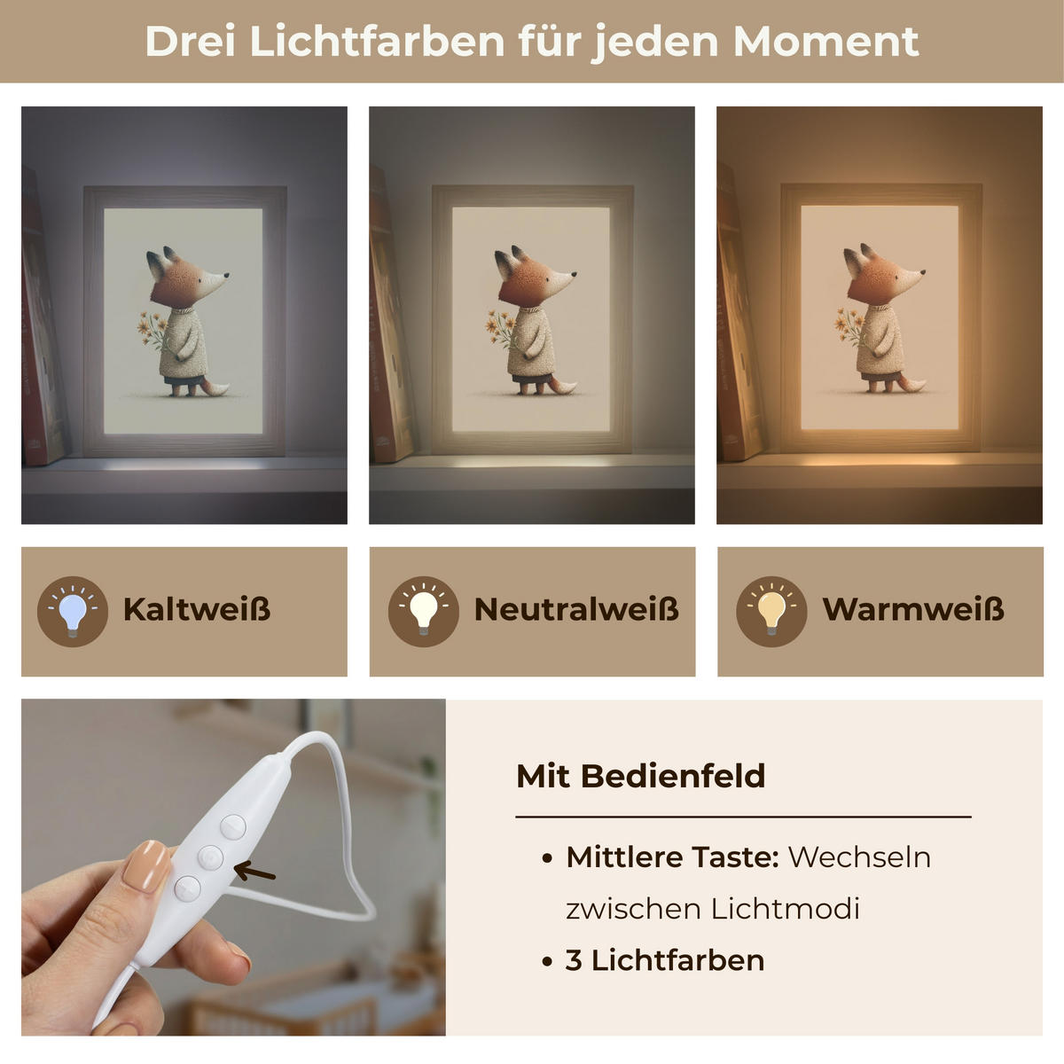 NACHTTISCHLAMPE Fuchs - Gelbe Blumen - Minimalistisch 15x20 cm - Taupe, Holzwerkstoff (8/15/20cm)