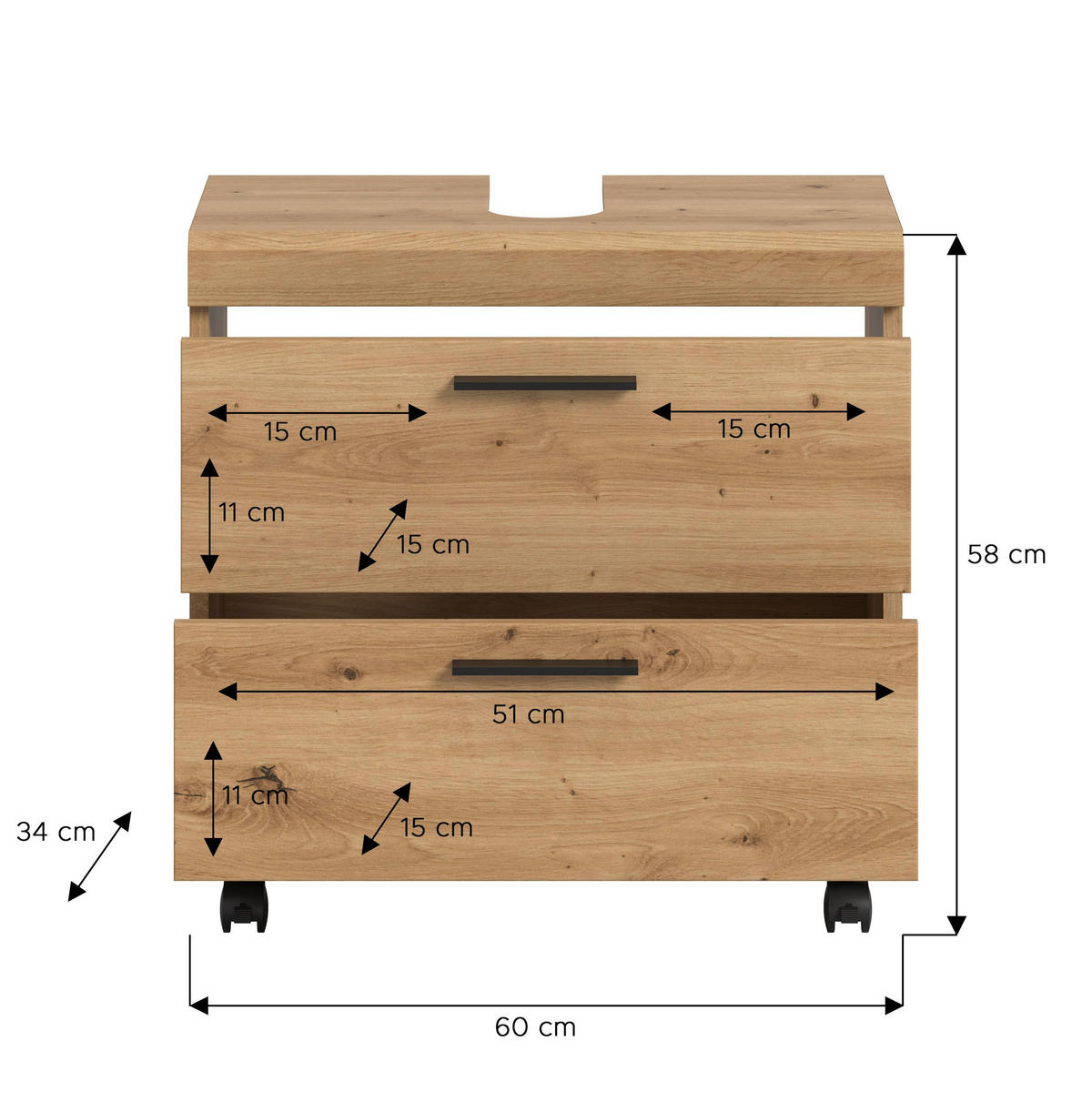 WASCHBECKENUNTERSCHRANK auf Rollen SCOUT (B/H/T: ca. 60/60/34 cm) in Artisan Eiche Nachbildung/Artisan Eiche Nachbildung - Eiche Artisan, Holzwerkstoff (60/60/34cm)