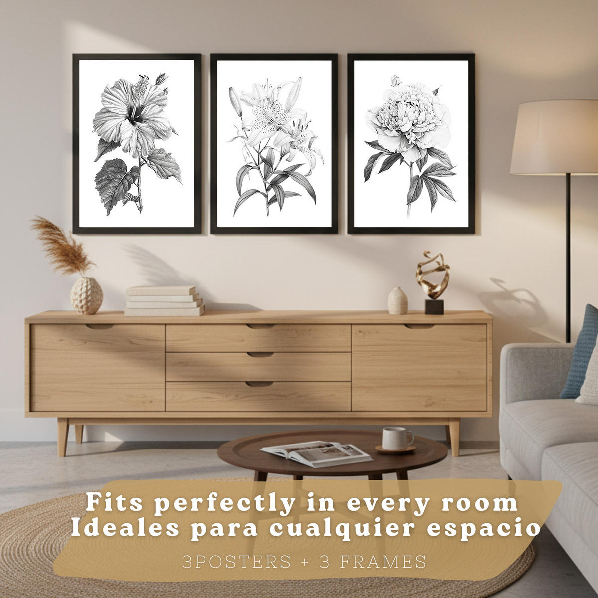 PLAKAT Sada 3 obrázků květin. Dekorativní nástěnné tisky Květiny tužkou. botanický plakát na zeď. Černobílé květinové malby.Černý rám velikosti A3 - černá, papír (29.7/42/3cm)