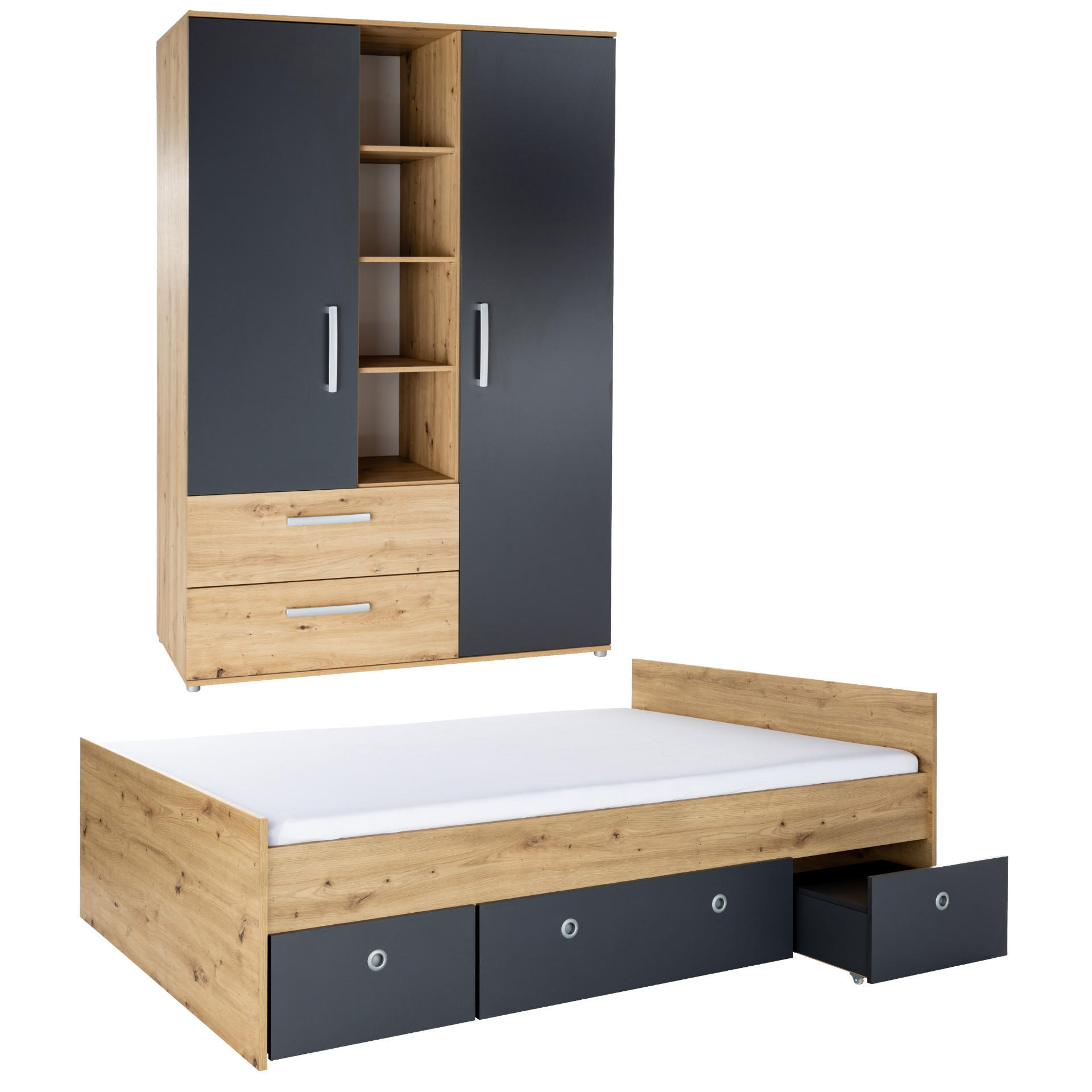 JUGENDZIMMER SET 3-tlg. Bett Kleiderschrank Bettkästen - Anthrazit/Silberfarben, Holzwerkstoff/Kunststoff (1/1/1cm) - arthur berndt