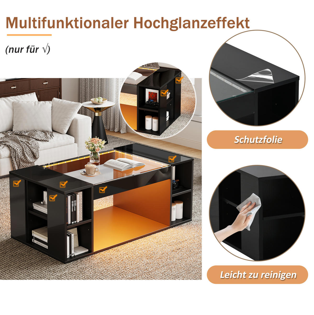 COUCHTISCH 100/50/40 cm mit LED-Beleuchtung, offener Ablage und Glasplatte, Schwarz - Schwarz, Holzwerkstoff (100/50/40cm) - Redom