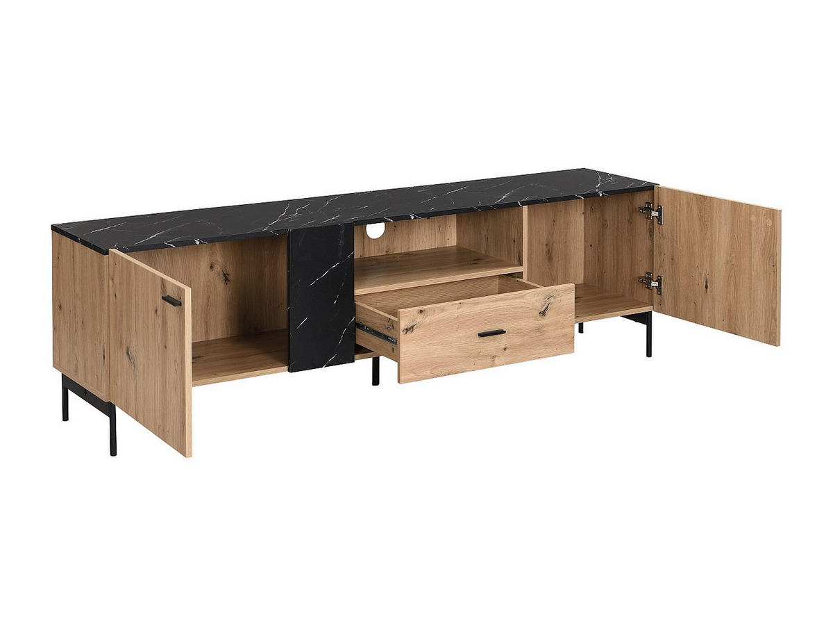TV-MÖBEL mit 2 Türen, 1 Schublade & 1 Ablagefach - MDF & Metall - Holzfarben hell & Marmor-Optik Schwarz - LIOMENA - Schwarz, Holz (180/55/40cm) - Vente-Unique
