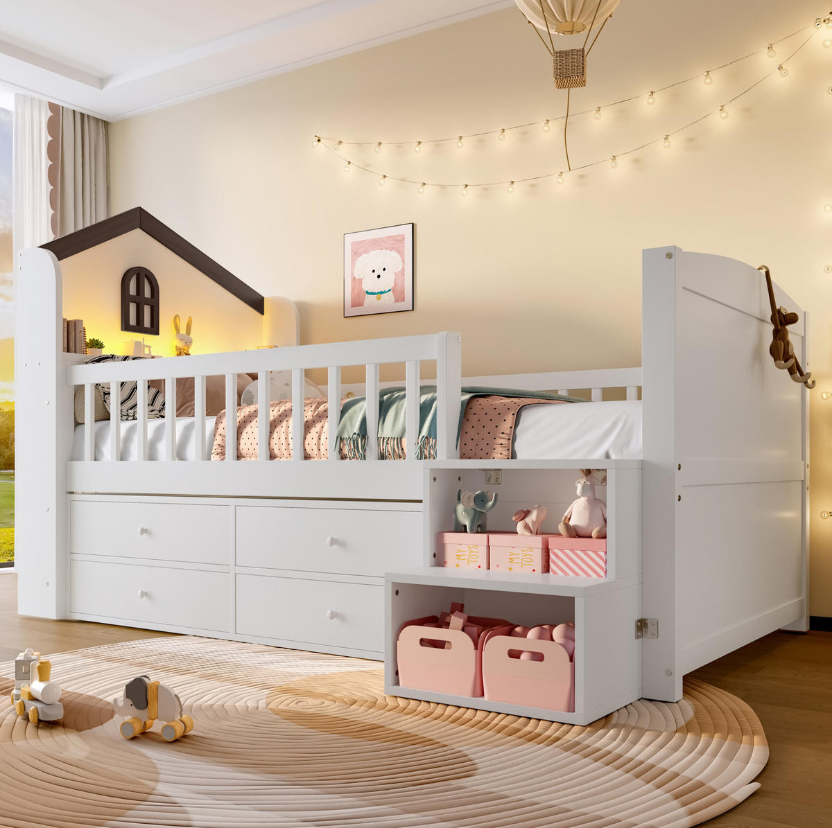 KINDERBETT 90/200 cm Weiß mit LED-Beleuchtung und 4 Schubladen - Weiß, Holz (90/200cm) - Flora Grace