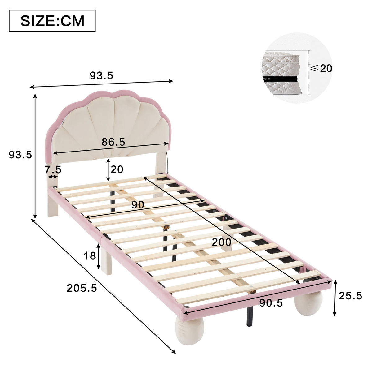 POLSTERBETT aus Samt 90x200 cm Beige/Rosa mit LED-Beleuchtung, wellenförmigem Kopfteil und Holzlattenrost - Weiß, Textil (90/200cm) - Modfu