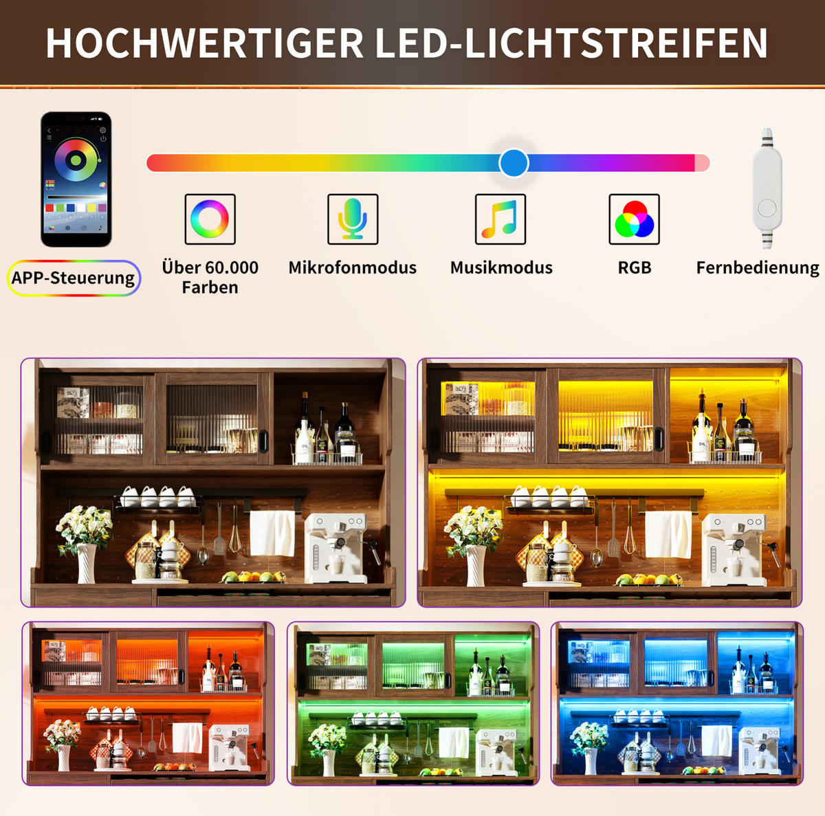 BUFFETSCHRANK 145/39/171 cm braun aus MDF mit LED, Lochplatte und Fluted-Glas-Türen - Braun, Holzwerkstoff (145/171/39cm) - OKWISH