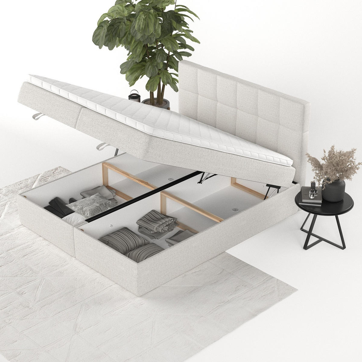 BOXBETT Savio 180/200 cm Hellbeige im Riva Stoff - Sandfarben/Schwarz, Holz/Holzwerkstoff (180/200cm) - AltaBeds