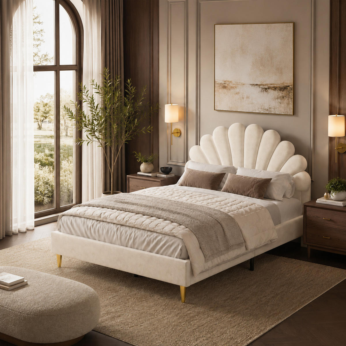 POLSTERBETT 140/200 Beige Muschelkopfteil Doppelbett Jugendbett - Beige, Holz/Metall (140/200cm) - Joyfair