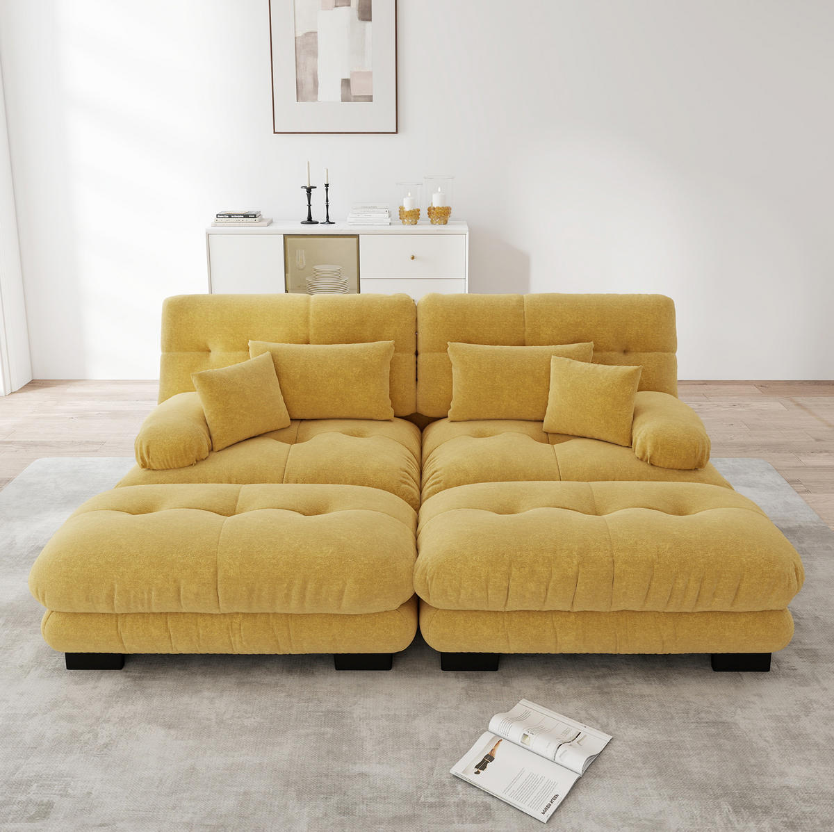 ECKSOFA 200/145/81 cm gelb aus Chenille mit 2 Ottomanen und Kissen - Gelb, Textil (145/220cm) - OKWISH