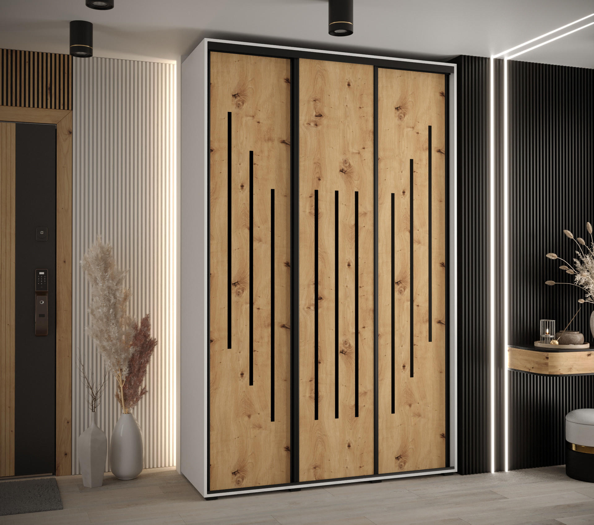 SCHWEBETÜRENSCHRANK 235,2/160/60 3-türig - Schwarz/Eiche Artisan, Holz/Metall (160/235/60cm) - Abiks Möbel