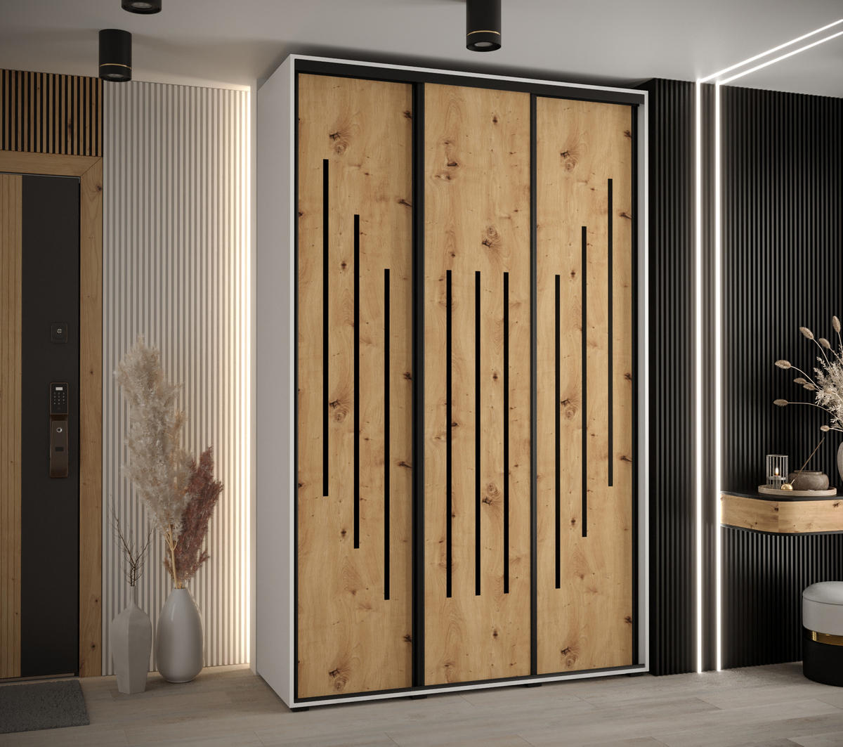 SCHWEBETÜRENSCHRANK 235,2/150/60 3-türig - Schwarz/Eiche Artisan, Holz/Metall (150/235/60cm) - Abiks Möbel