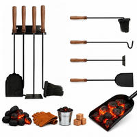 KAMINBESTECK Schwarz Braun 5-teilig - Schwarz, Holz/Metall (20/57/6.5cm) - Relaxdays