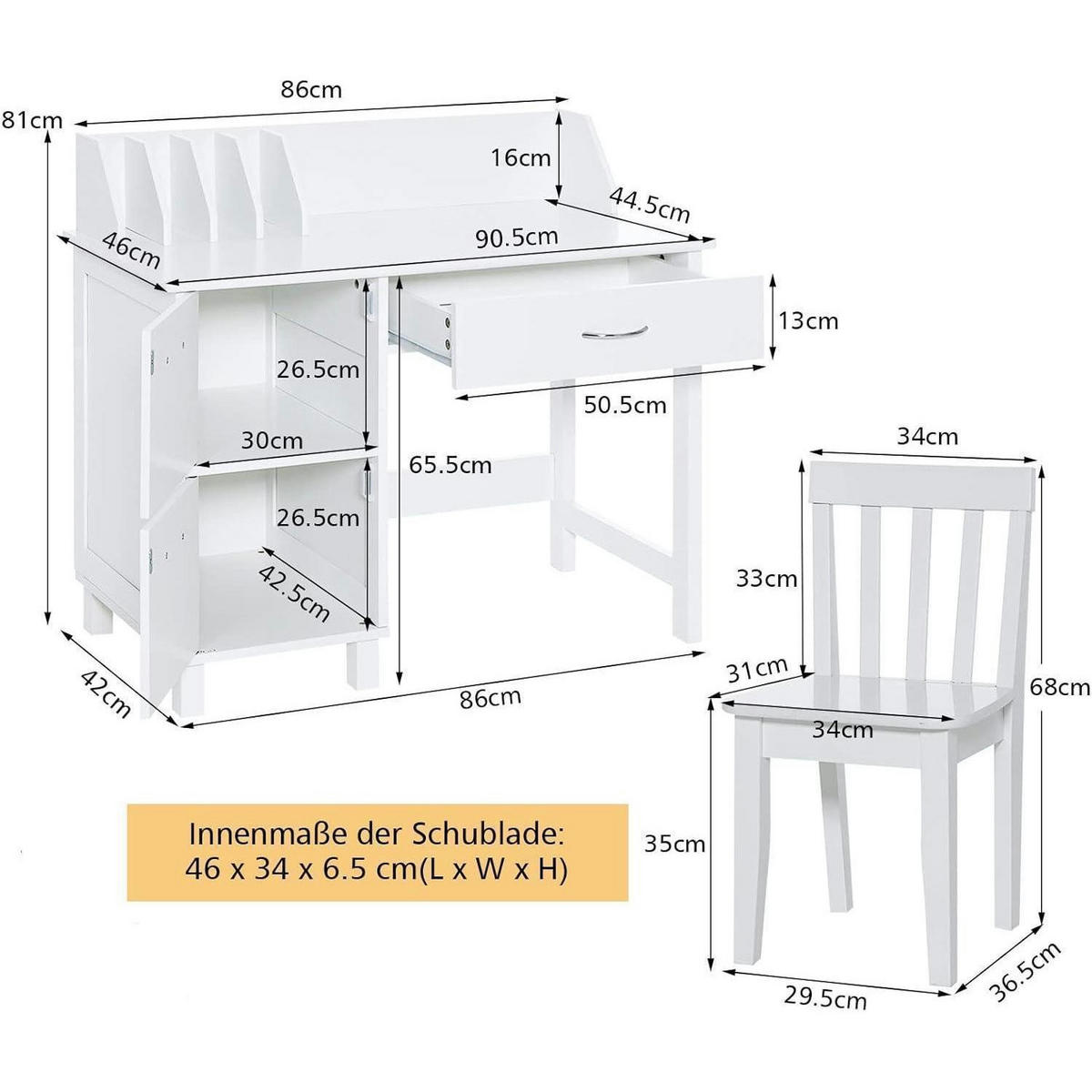 KINDERSCHREIBTISCH mit Stuhl 2-teiliges Set Weiß - Weiß, Holzwerkstoff (90.5/81/46cm)
