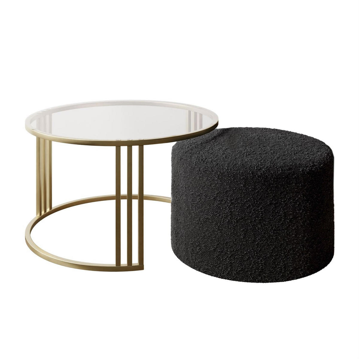 COUCHTISCH mit Hocker LORI GLASS gebürstetes Gold/transparentes Glas/Coral 60 - Transparent, Metall (70/70/49cm) - Lookway