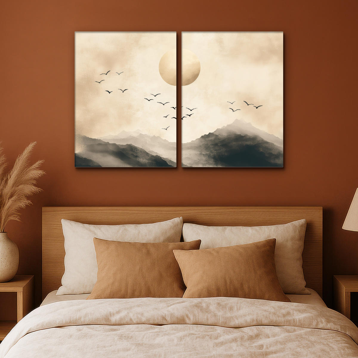 LEINWANDBILD 2er Set Landschaft - Japandi - Beige - Vögel 120x80 cm - Beige, Textil (120/80cm) - MuchoWow