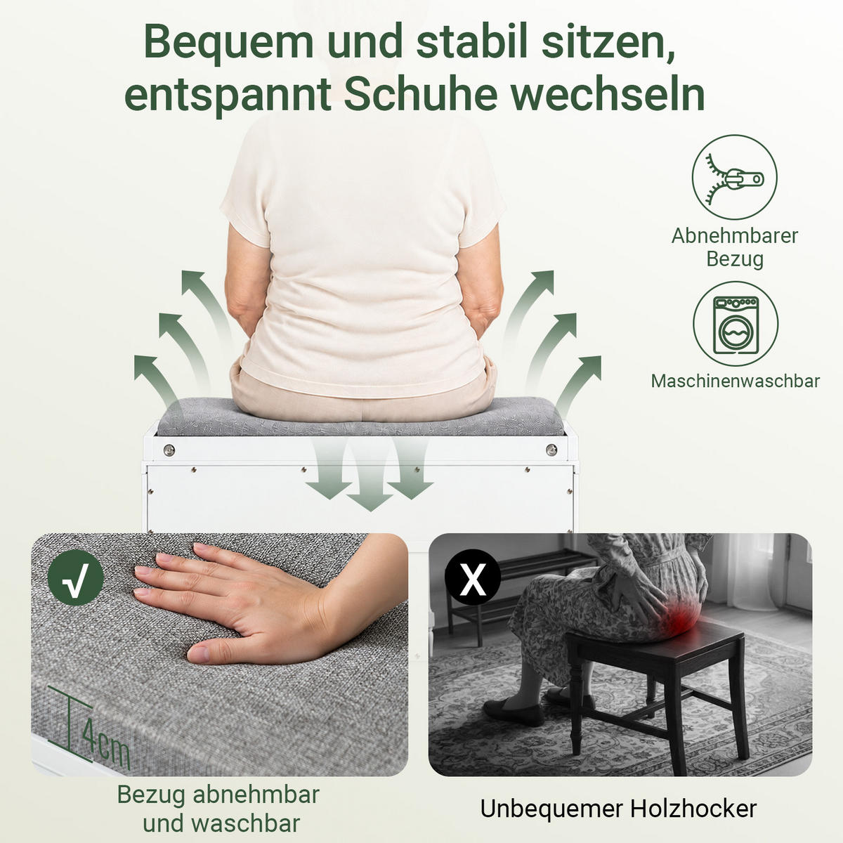 SCHUHBANK weiß mit Sitzpolster, 62 cm breit, 26 cm tief, bis 150 kg, Klappe mit Staufach - Weiß, Holzwerkstoff (62/46/26cm) - SoBuy