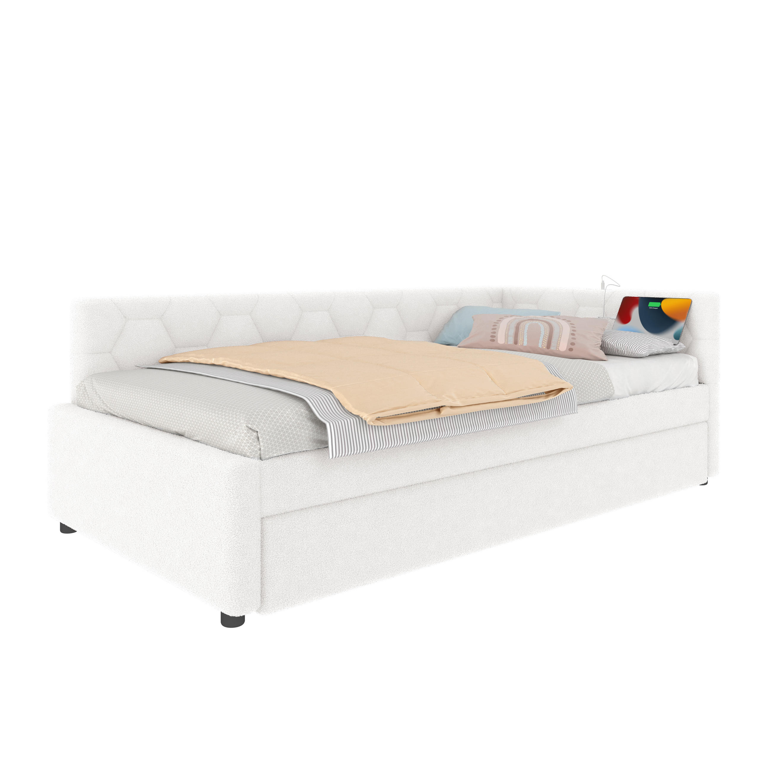 BETT 90/200 cm & 89,5/188 cm in Weiß mit Ausziehbett, USB, Type-C und Leselampe - Weiß, Holzwerkstoff/Textil (90/200cm) - STILVORA