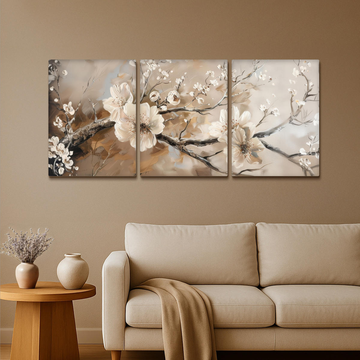 LEINWANDBILD 3er Set Blüte - Beige - Abstrakt - Blumen 180x80 cm - Hellbraun, Textil (180/80cm) - MuchoWow