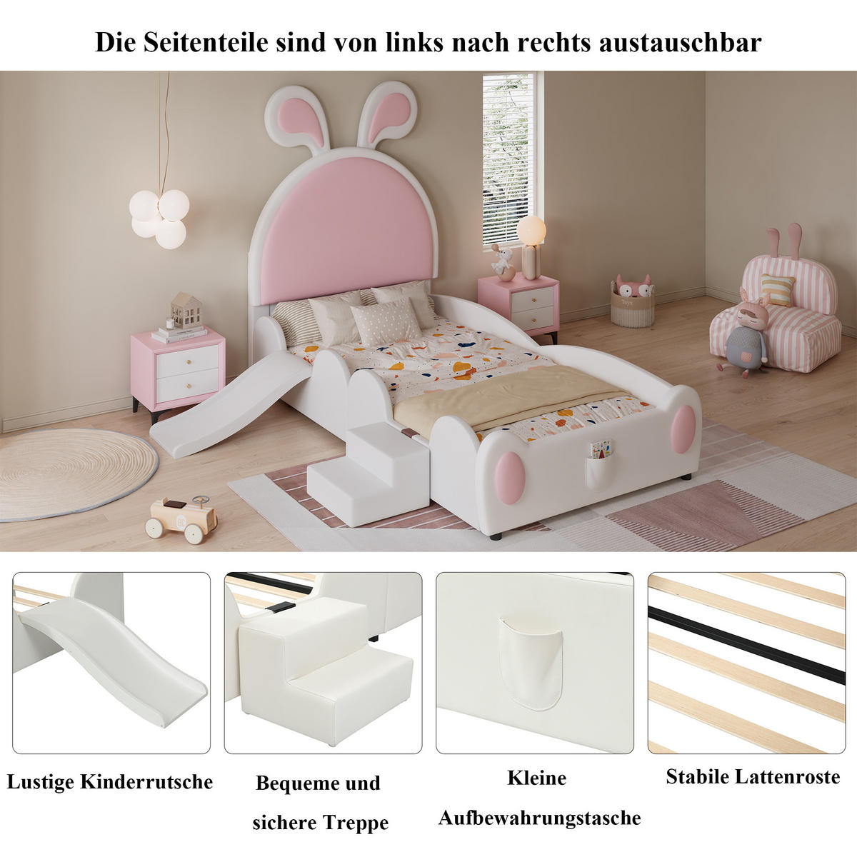 POLSTERBETT 90/200 cm Weiß Rosa mit Rutsche und Treppe Hasenohren aus PU - Rosa, Kunststoff (90/200cm) - OKWISH