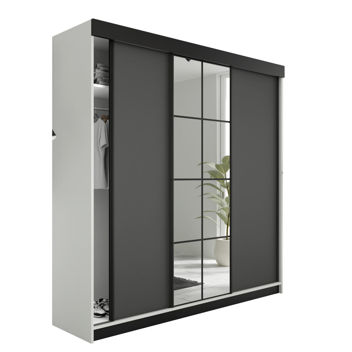 SCHIEBETÜRENSCHRANK LAMARO - 200x205x59cm - Weiß & Graphit - Graphitfarben/Weiß, Holzwerkstoff (200/205/59cm) - Kier Furniture