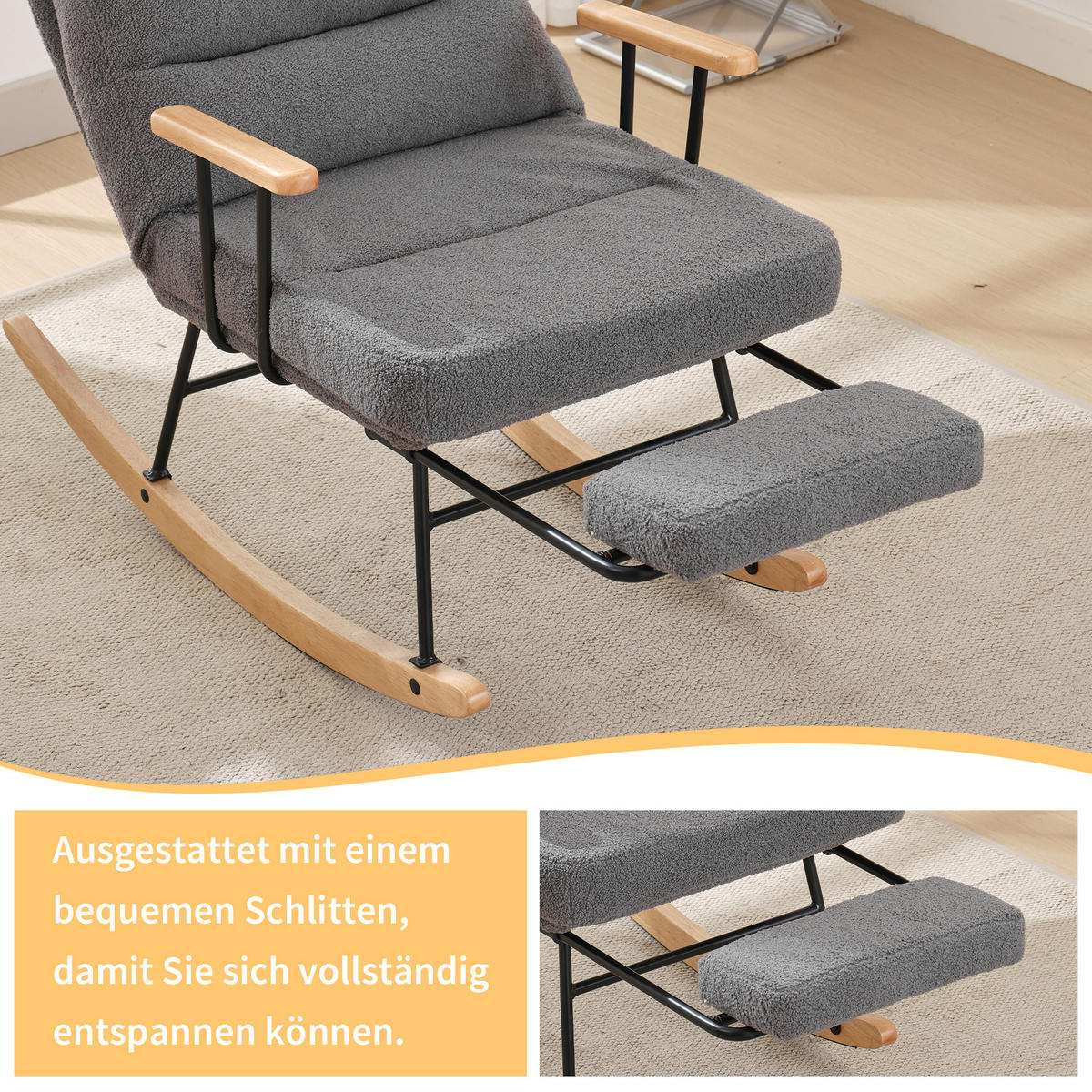 SCHAUKELSESSEL Teddy-Stoff mit Schwerkraftverstellung, Fußstütze 102/63,5/100 cm Grau - Grau, Textil (63.5/100/102cm) - Redom