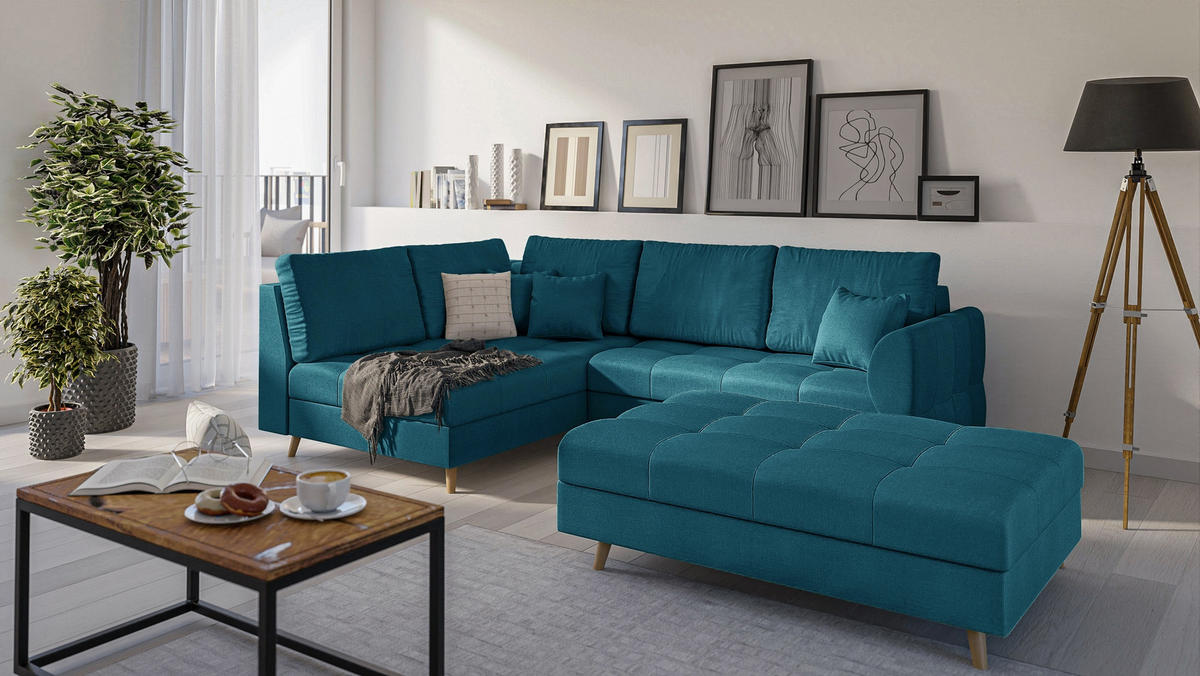 ECKSOFA MIT HOCKER Lorine Mikrofaser Blau - Blau/Hellbraun, Buchenholz/Textil (231/161cm) - S-Style Möbel