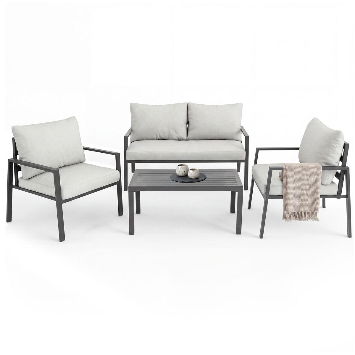 SITZGRUPPE aus Aluminium Göteborg, Tisch mit Lamellenmuster, hellgrau - Hellgrau, Kunststoff - tectake