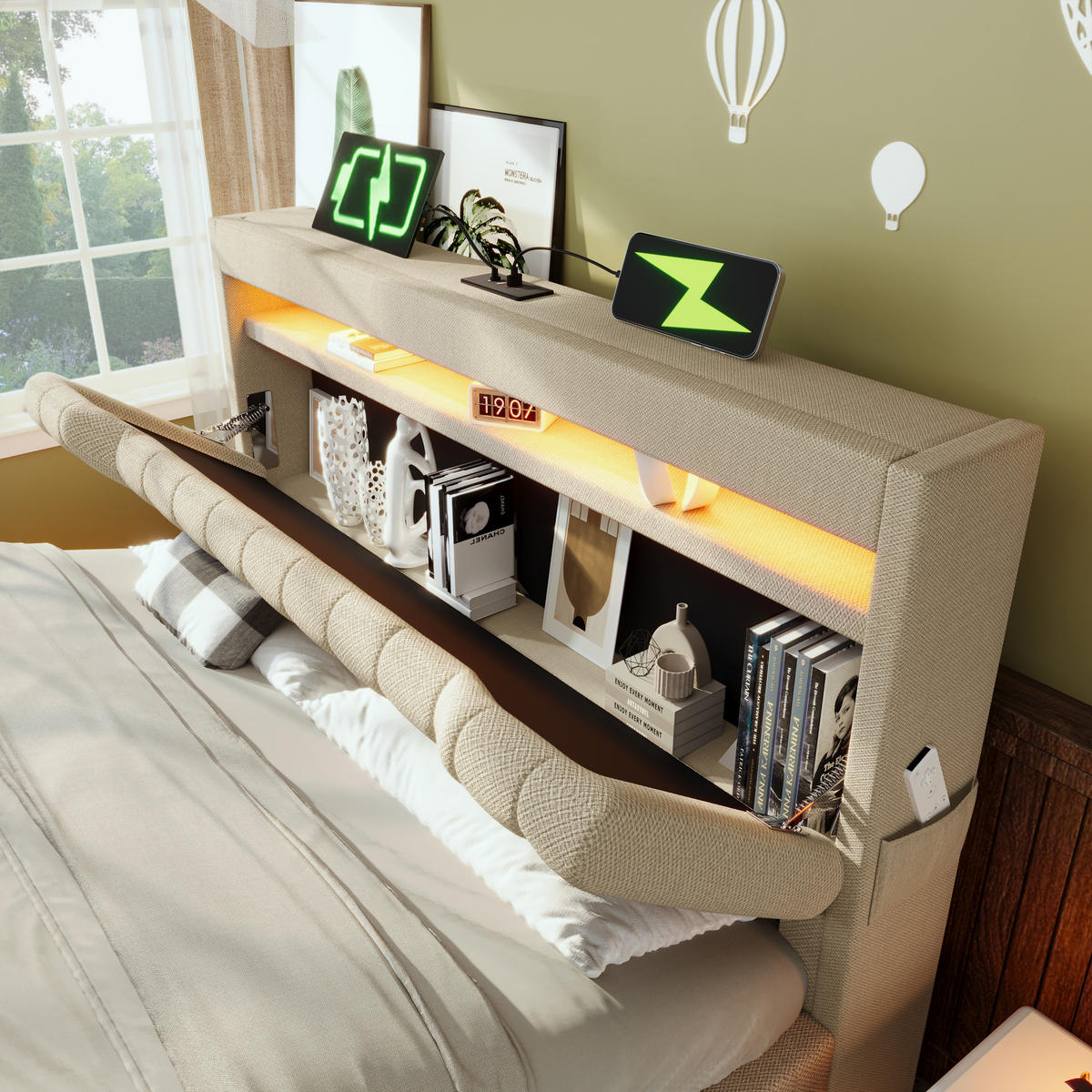POLSTERBETT 160/200 cm Beige mit LED-Beleuchtung und Stauraum-Kopfteil - Beige, Textil (160/200cm) - OKWISH