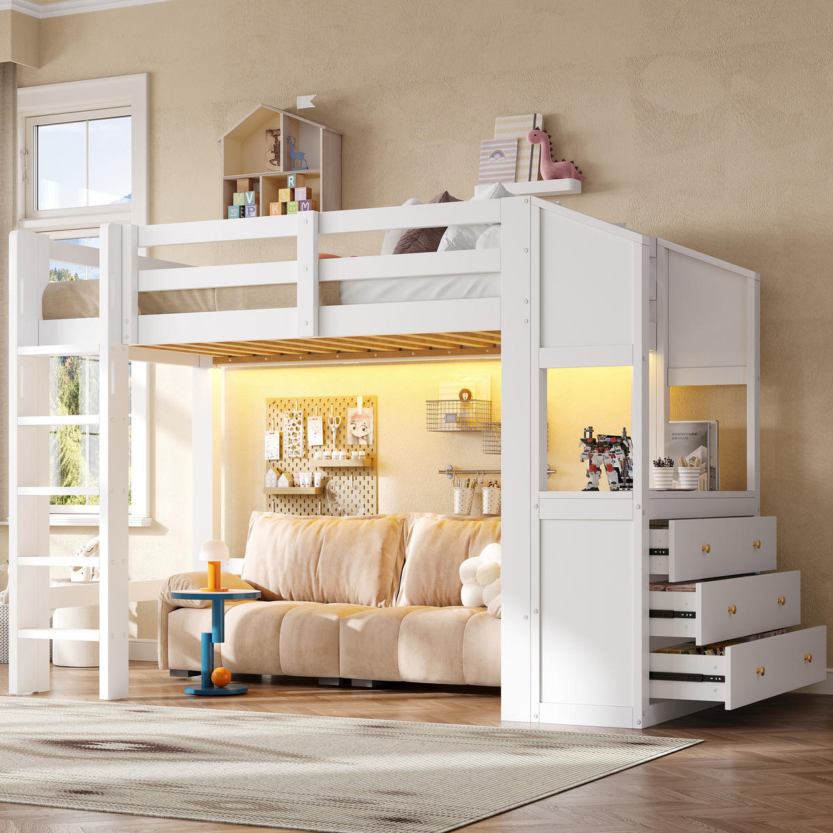 HOCHBETT weiß 90 × 200 cm aus Kiefernholz‑MDF mit 3 Schubladen und Regalen, LED‑Beleuchtung - Weiß, Holzwerkstoff (90/200cm) - Luhomfu