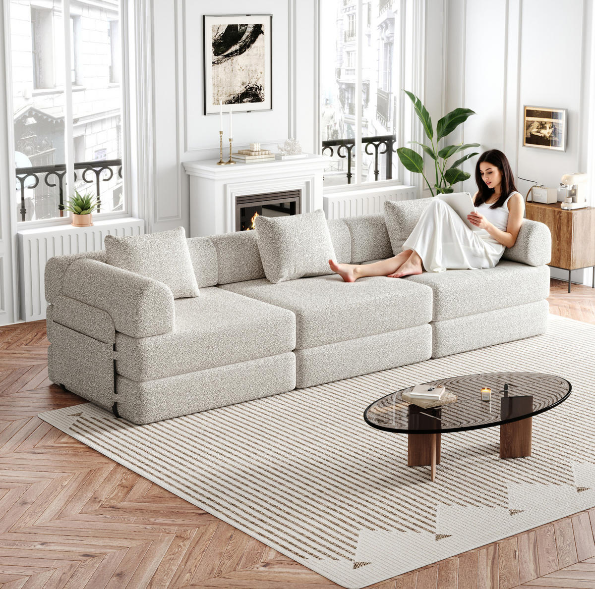 SCHLAFSOFA 2-in-1 in Khaki – mit Armlehnen-Staufach und Chenillebezug - Naturfarben, Textil (181.6/49.5/94cm) - BEAOK