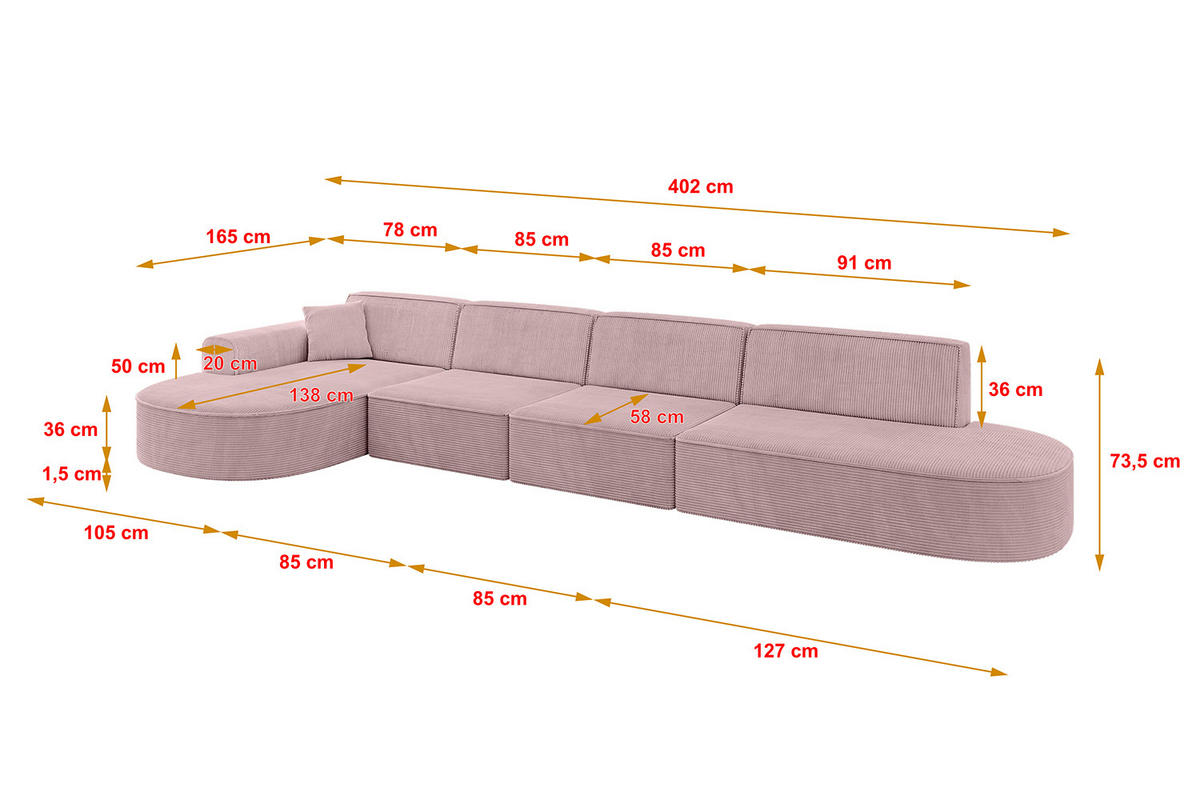 ECKSOFA Ottomane Links MARI-L3 - 402x163x73,5 cm Rosa Cord - Schwarz/Rosa, Holzwerkstoff/Kunststoff (165/406cm) - ALTDECOR