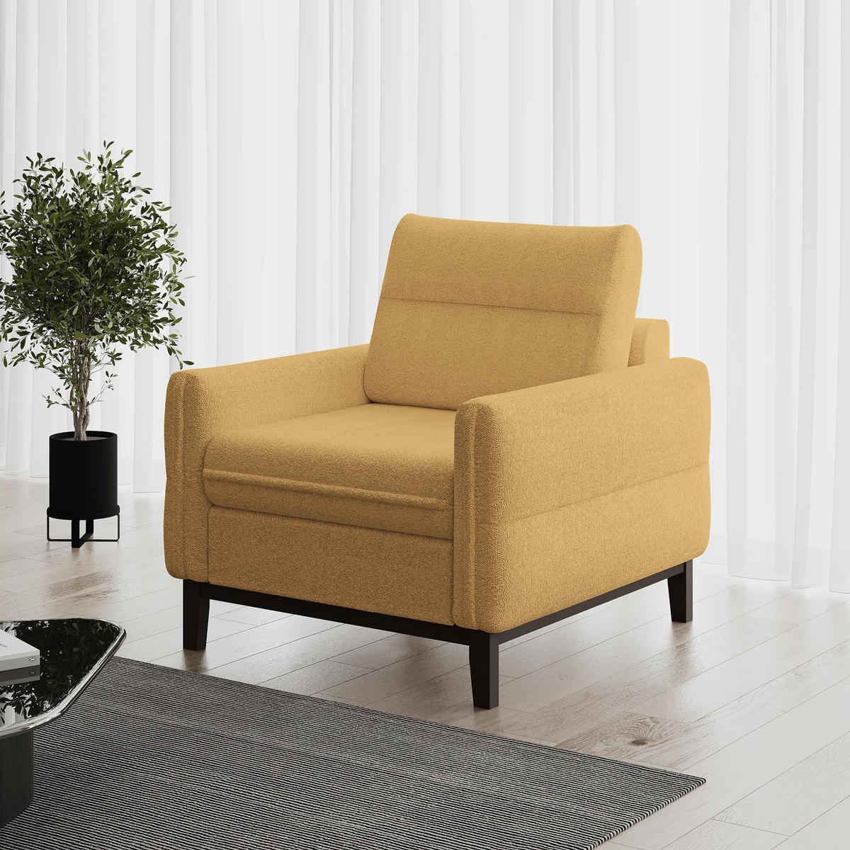 SITZGARNITUR Belweder, zwei Sofas+Sessel, Gelb, Bouclé - Wengefarben/Gelb, Holz/Textil (268/95/94cm) - Beautysofa