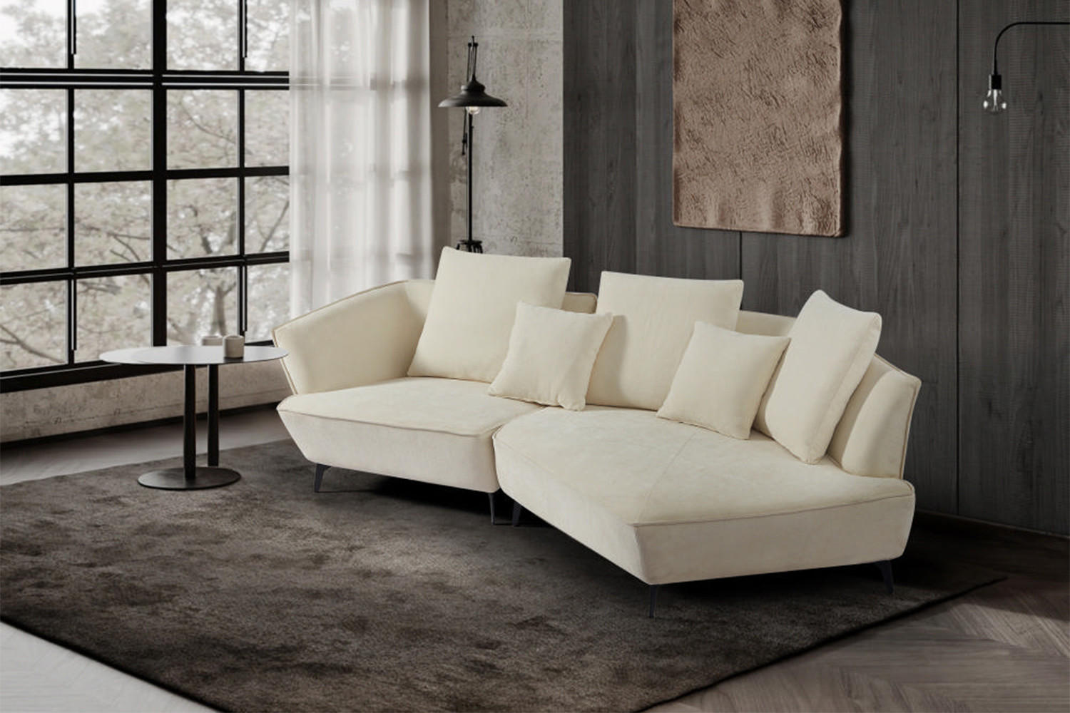 DESIGNSOFA GARBO Cremeweiß Webstoff - Creme/Schwarz, Textil/Metall (280/92/158cm) - KAWOLA