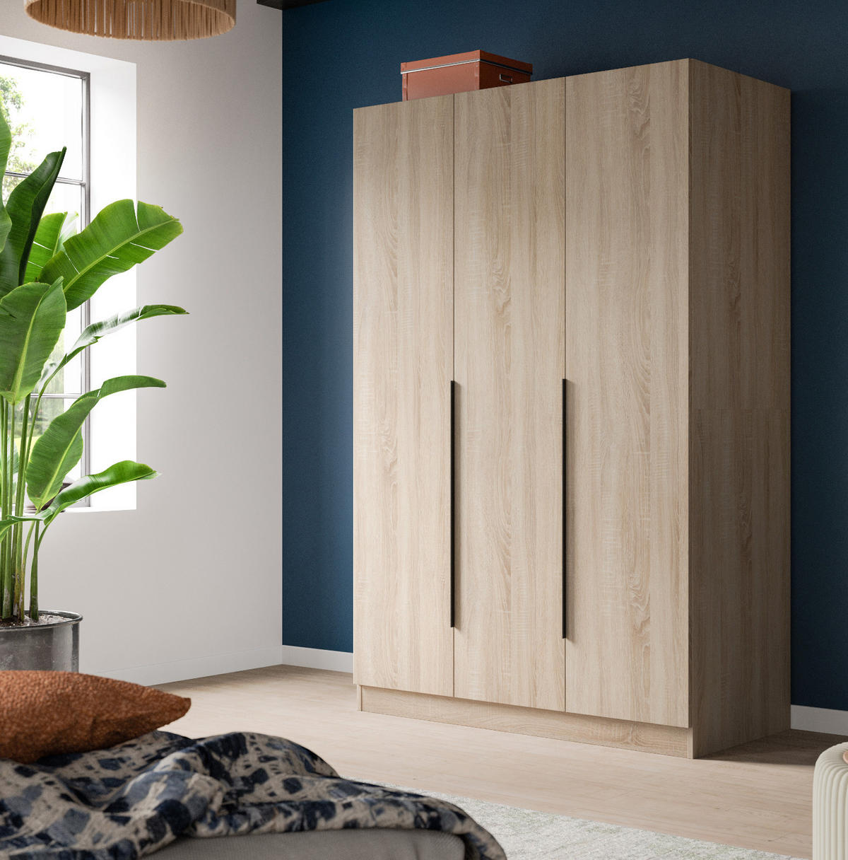 KLEIDERSCHRANK Eiche Sonoma 3-türig 120 x 181 cm, Drehtürenschrank mit zusätzlichen Einlegeböden - Eichefarben/Schwarz, Holzwerkstoff/Kunststoff (120/181/52cm) - Inn.Furn