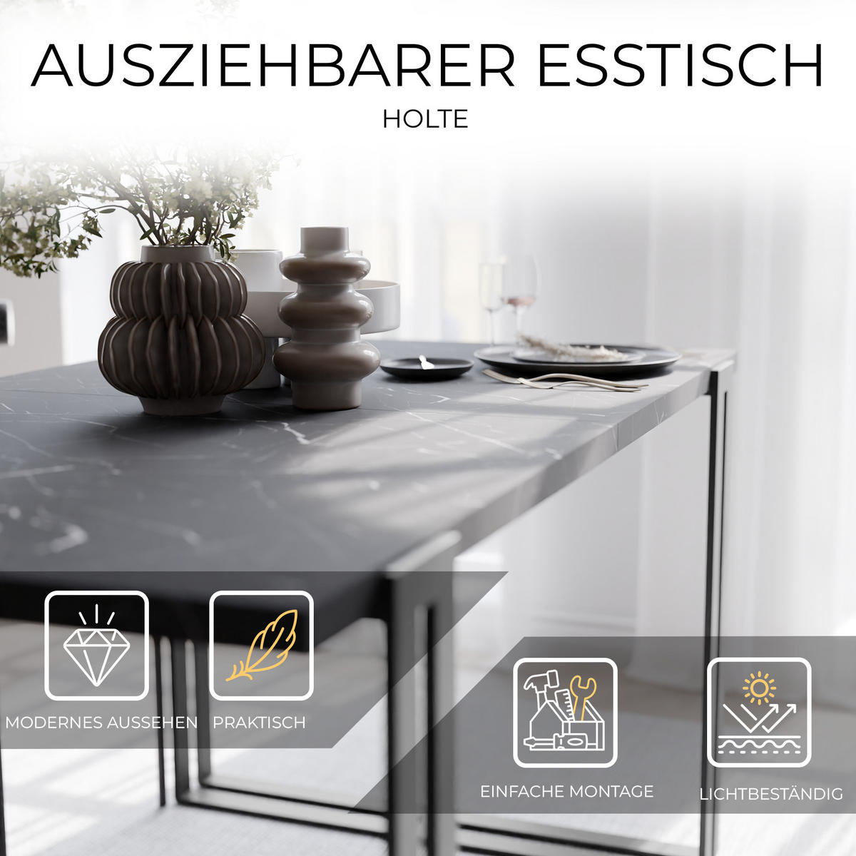 TISCH ausziehbar aus MDF, Schwarz - Schwarz, Holzwerkstoff (160/80/76cm) - Idohome
