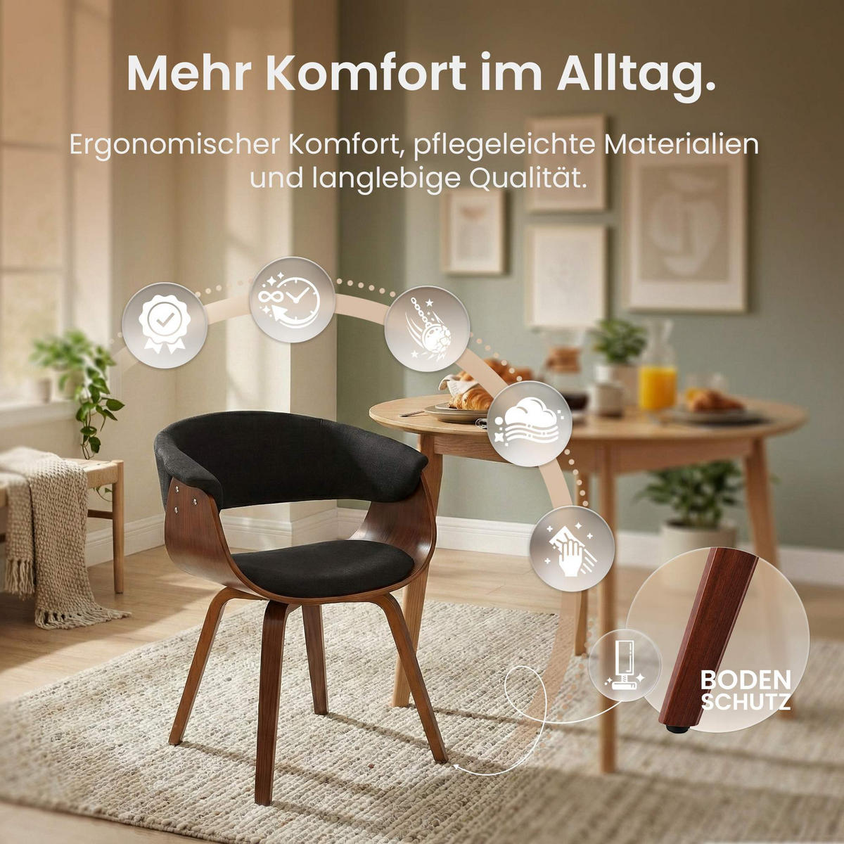 STUHL Stoff Schwarz - Walnussfarben/Schwarz, Holz/Textil (60/75/55cm) - CLP