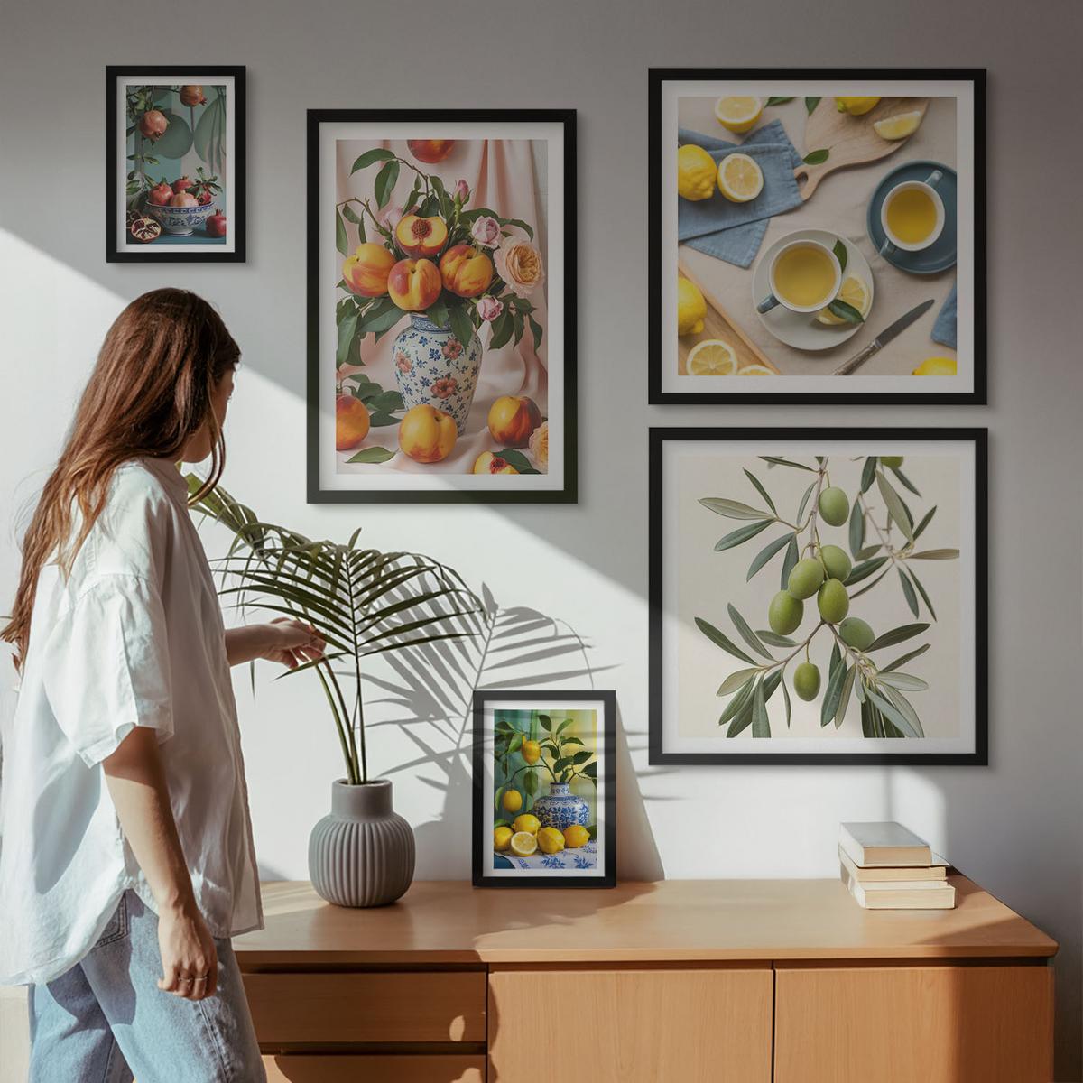 BILDER SET 5er Set - 50x50 cm & 20x30 cm & 40x60 cm Schwarzer Rahmen - Fruchtzusammensetzungen - Schwarz, Kunststoff (40/60cm) - TULUP