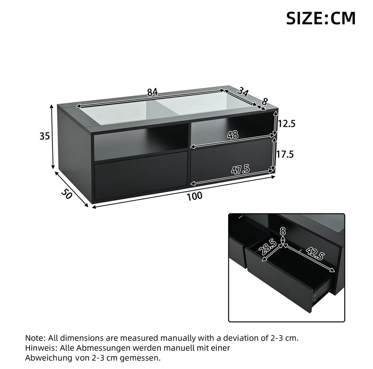 KONFERENČNÍ stolek se sklem a LED, 100/50/35 cm černý, se 2 zásuvkami - černá, sklo (100/50/35cm) - BEAOK