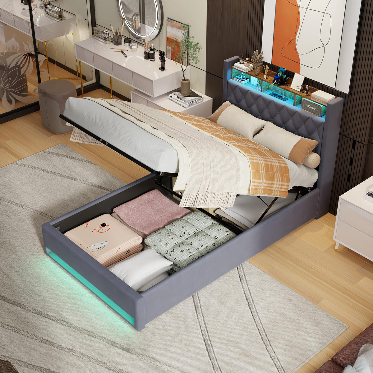 POLSTERBETT 140/200 cm Grau mit LED-Lichtleiste und USB-Anschlüssen - Grau, Holzwerkstoff (140/200cm) - OKWISH