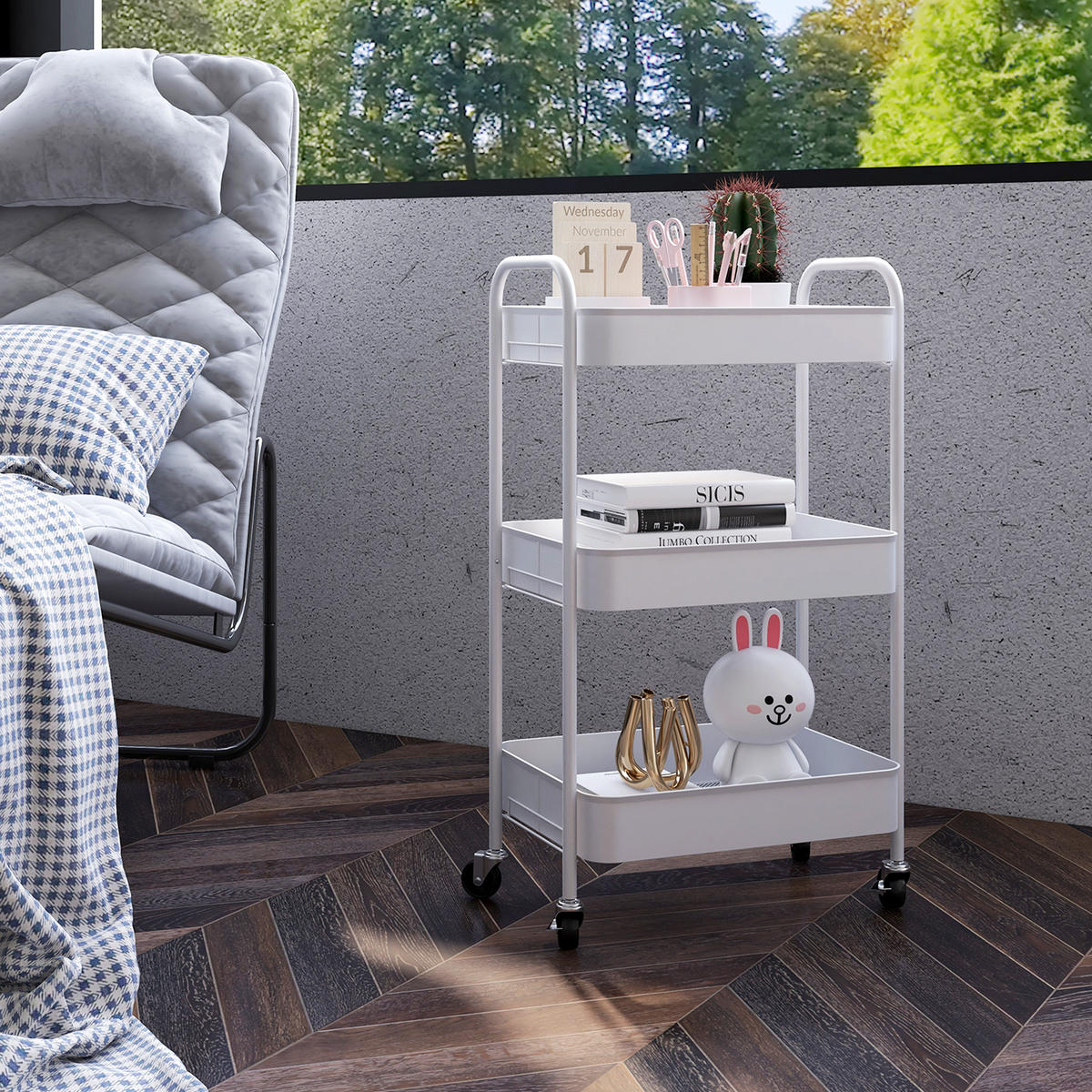 SERVIERWAGEN Rollwagen mit 3 Etagen, für Küche, Wohnzimmer, Stahl, Weiß - Weiß, Metall (30.6/79/45cm) - HOMCOM
