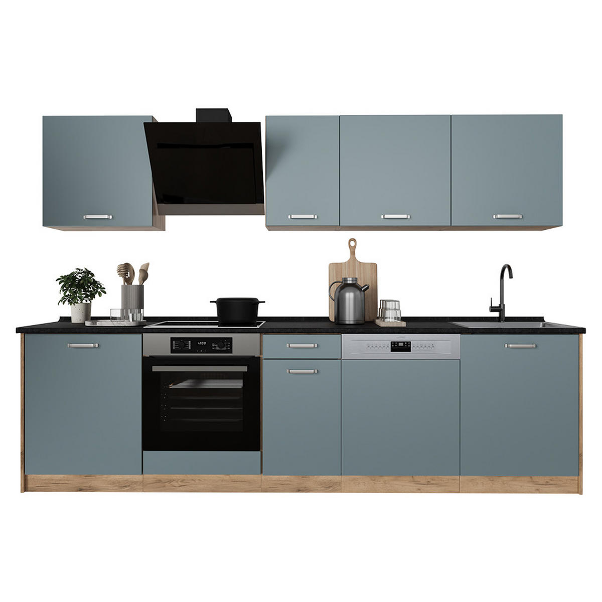 KÜCHENZEILE R-Line, Blau-Grau/Goldkraft Eiche, 280 cm Arbeitsplatte Goldkraft Eiche - Honigeiche/Blaugrau, Holzwerkstoff (280/206.8/60cm) - Vicco