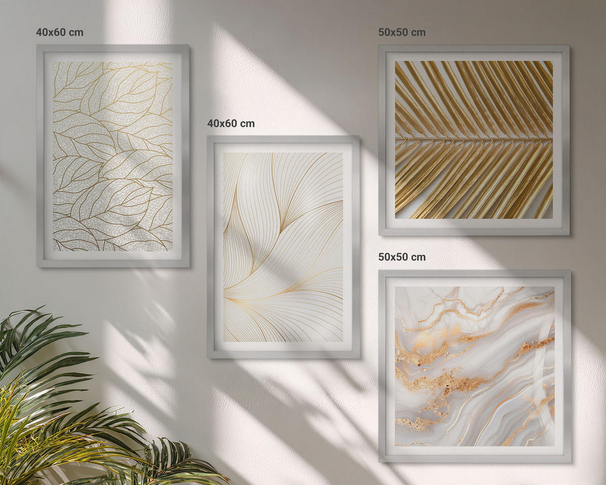 BILDER SET 4er Set - 50x50 cm & 40x60 cm Silberner Rahmen - Blattmuster Marmor abstrakt - Silberfarben, Kunststoff (50/50cm) - TULUP