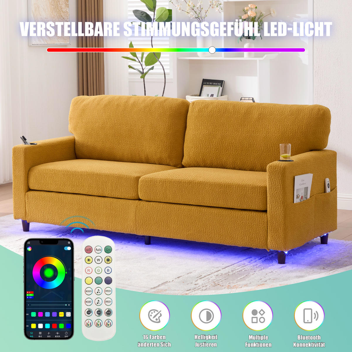 ZWEISITZER Sofa Chenille mit USB-Anschluss und LED Getränkehalter 203/77,5/86 cm Gelb - Gelb, Textil (77.5/86/203cm) - Redom