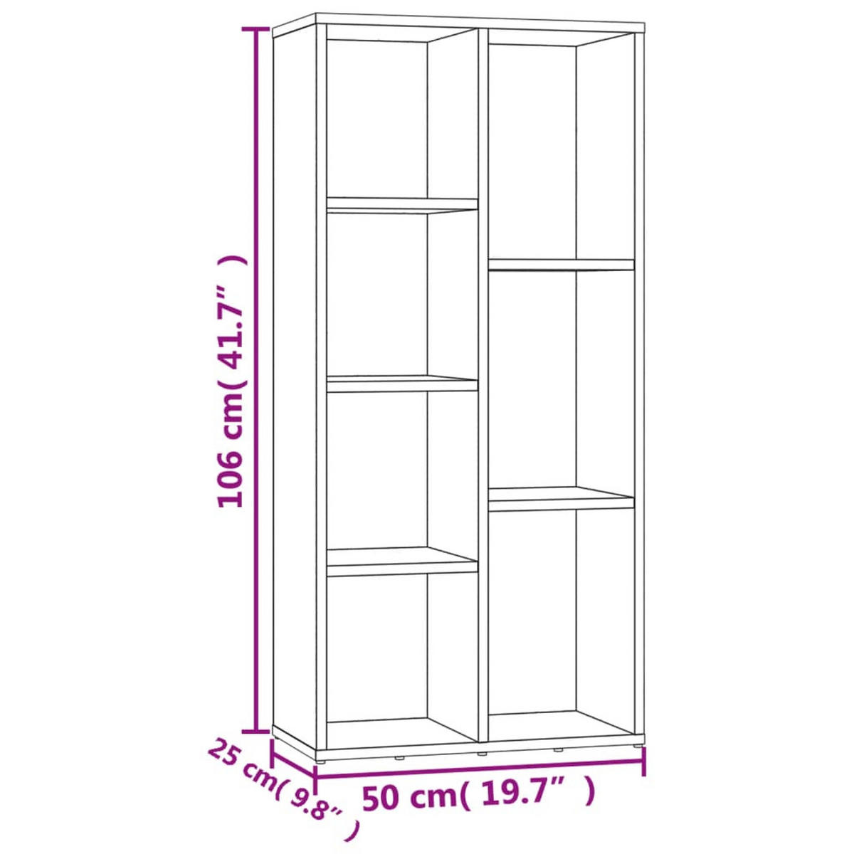 BÜCHERREGAL mit 7 Fächern 50/25/106 cm aus Holzwerkstoff Räuchereiche Dekor - Dunkelbraun, Holz (50/106/25cm) - vidaXL