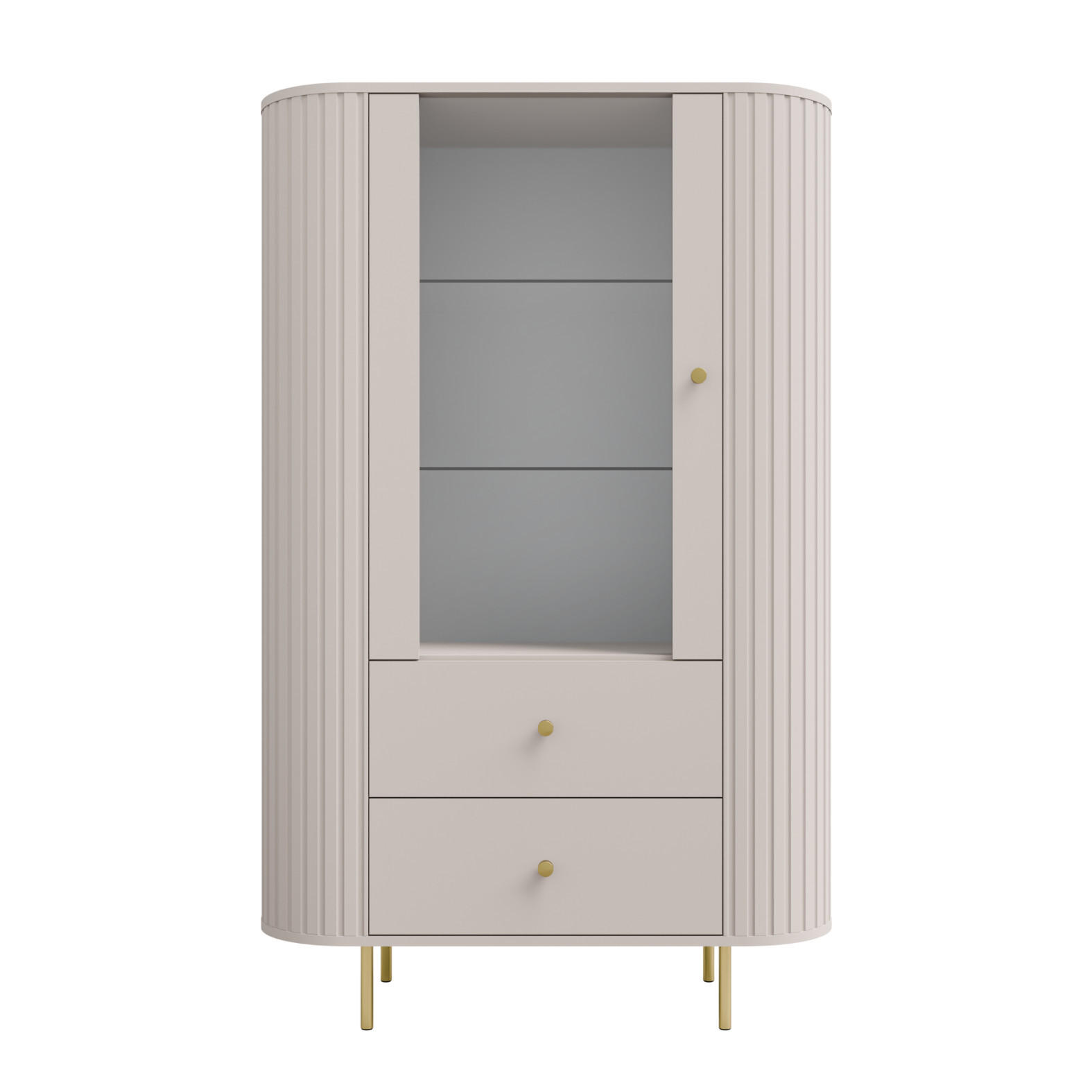 VITRINE Olivia 97 cm, mit Glastüren, 2 Schubladen und geriffeltem Design, kaschmir und goldfarbenen Metallfüßen - Kaschmir, Metall (97/155/43cm) - Margaret Hadas24